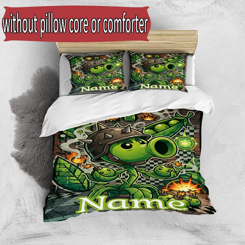3pcs Duvet Cover Set (1*Duvet Cover + 2*Pillowcase, Without Core), Custom Name Plants Vs. Zombies Pattern Bedding Set, Home Bedroom Decor Gift
