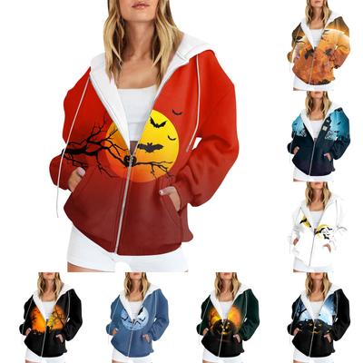 Women's Fashion Casual Halloween Printed Sweatshirt Autumn Winter Long Sleeve Cardigan With Pockets Zipper Hoodie Jacket