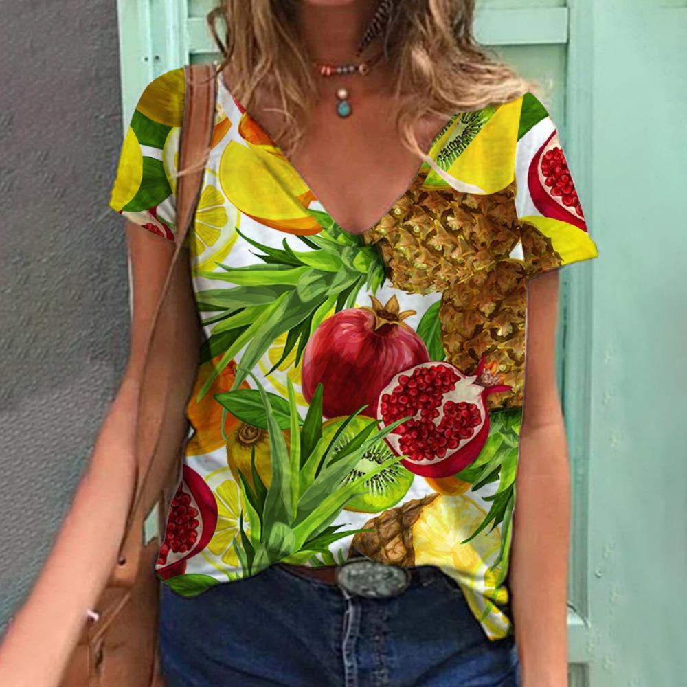 Tropical Plant Fruit 3D Printing T-shirt Summer Women's V-neck T-shirt Street Women's Clothing