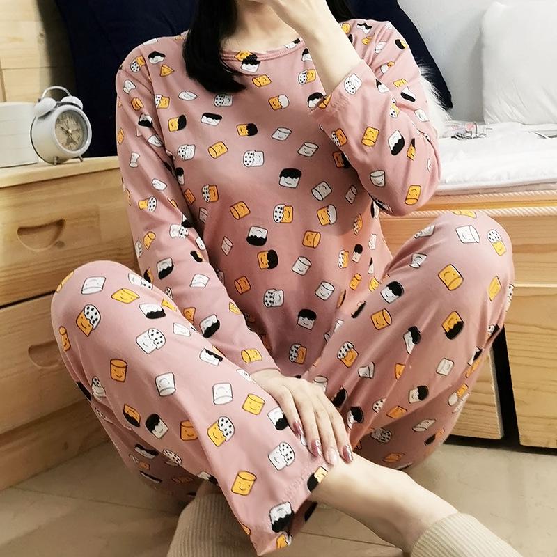 Women's Korean Style Pajama Set: Long Sleeve, Round Neck, Cute Cartoon Print, Comfortable for Spring & Autumn