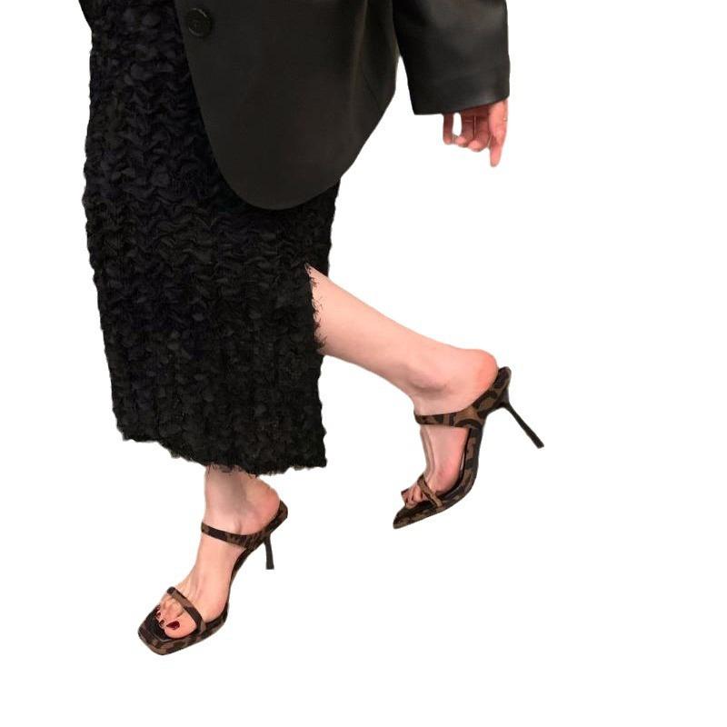 Niche French leopard print high heels one-word slippers women's shoes wear 2025 new summer stiletto sandals