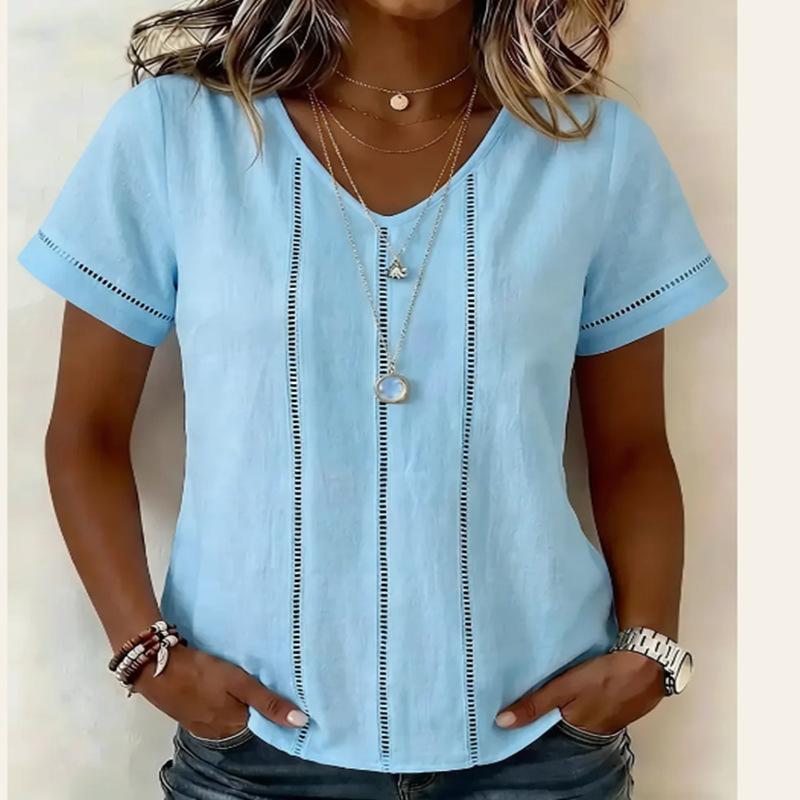 Women V Neck Short Sleeve Lace Splicing Casual Loose Blouse Top