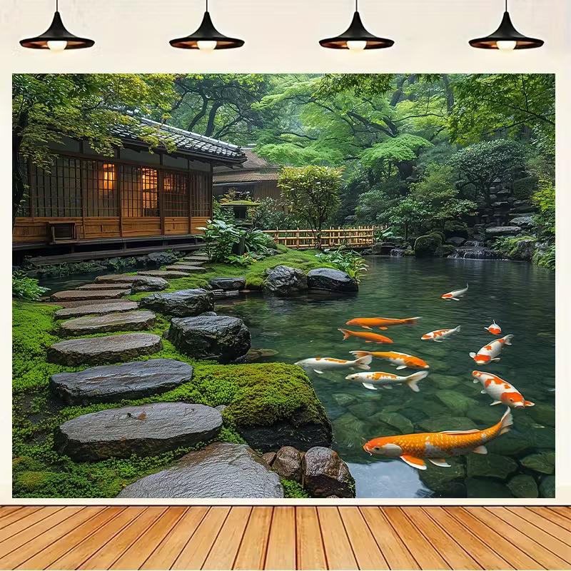

2D Serene Koi Fish Pond Backdrop, Japanese Garden Photo Background for Studio 47.2x31.5inch/120*80cm