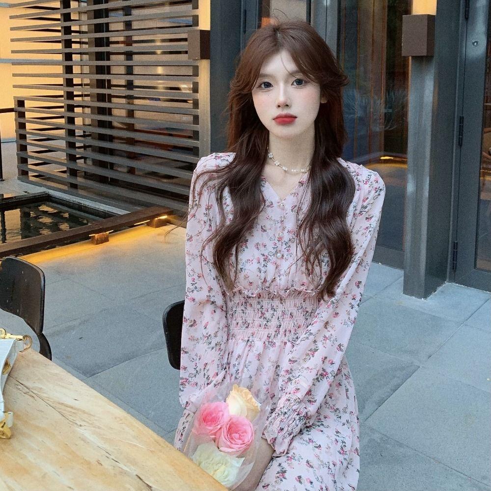 

Aesthetic Bohemian Chiffon Dress Elegant Pearl Floral Shirtdress Formal Occasion