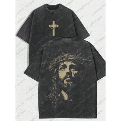 2026 Cosplay Religiöser Jesus Vergib ihnen Vater Vintage Kurzarm Gewaschenes T-Shirt Herren Damen Gothic Rock Herren T-Shirts Oberteile