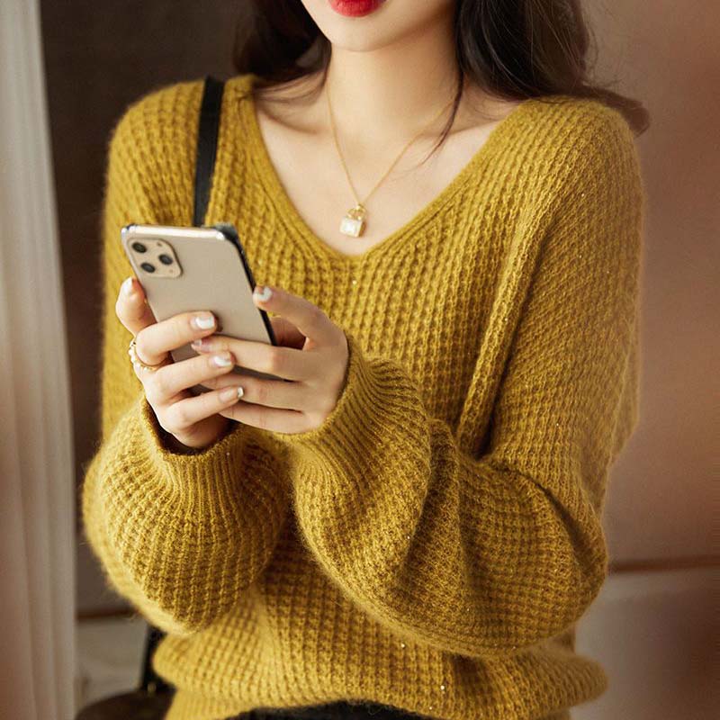 Sweater for Women Autumn Winter Thickened Warm Knitted Stretchy Long Sleeve V-neck Tops