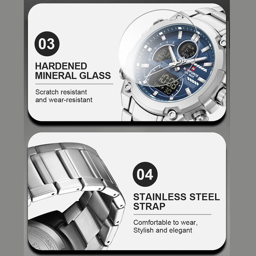 Naviforce Men Dual Time Watch Quartz Movement LCD Digital Chronograph Luminous Hands Stainless Steel Strap Waterproof Men Watch NF9278