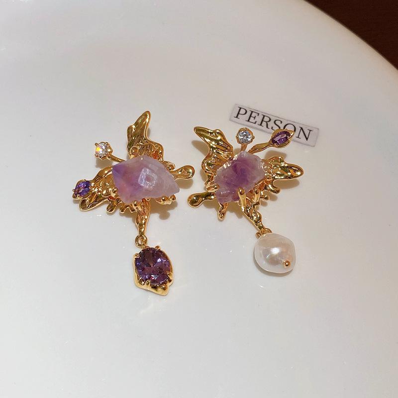 Asymmetrical freshwater pearl zircon butterfly earrings retro light luxury stud earrings Korean temperament earrings