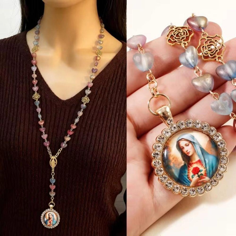 Retro Rosary Beads Chains Acrylic Glass Mary Necklace Trendy Prayer Pendant Jewelry Gift