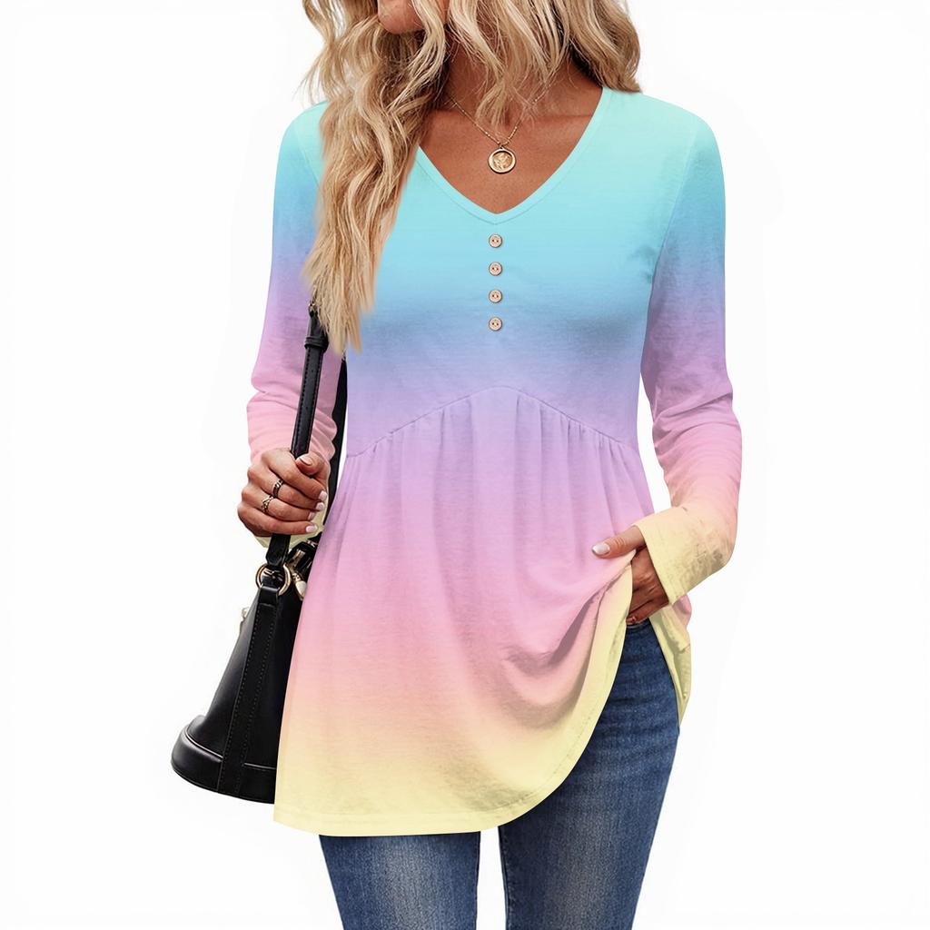 Women's Casual Fashion V-Neck Button Gradient Long Sleeve Top