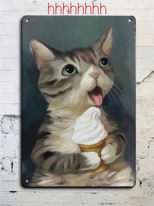 Vintage Tabby Cat Wall Art Aluminum Metal Painting Lollipop Knife Decor 20x30cm