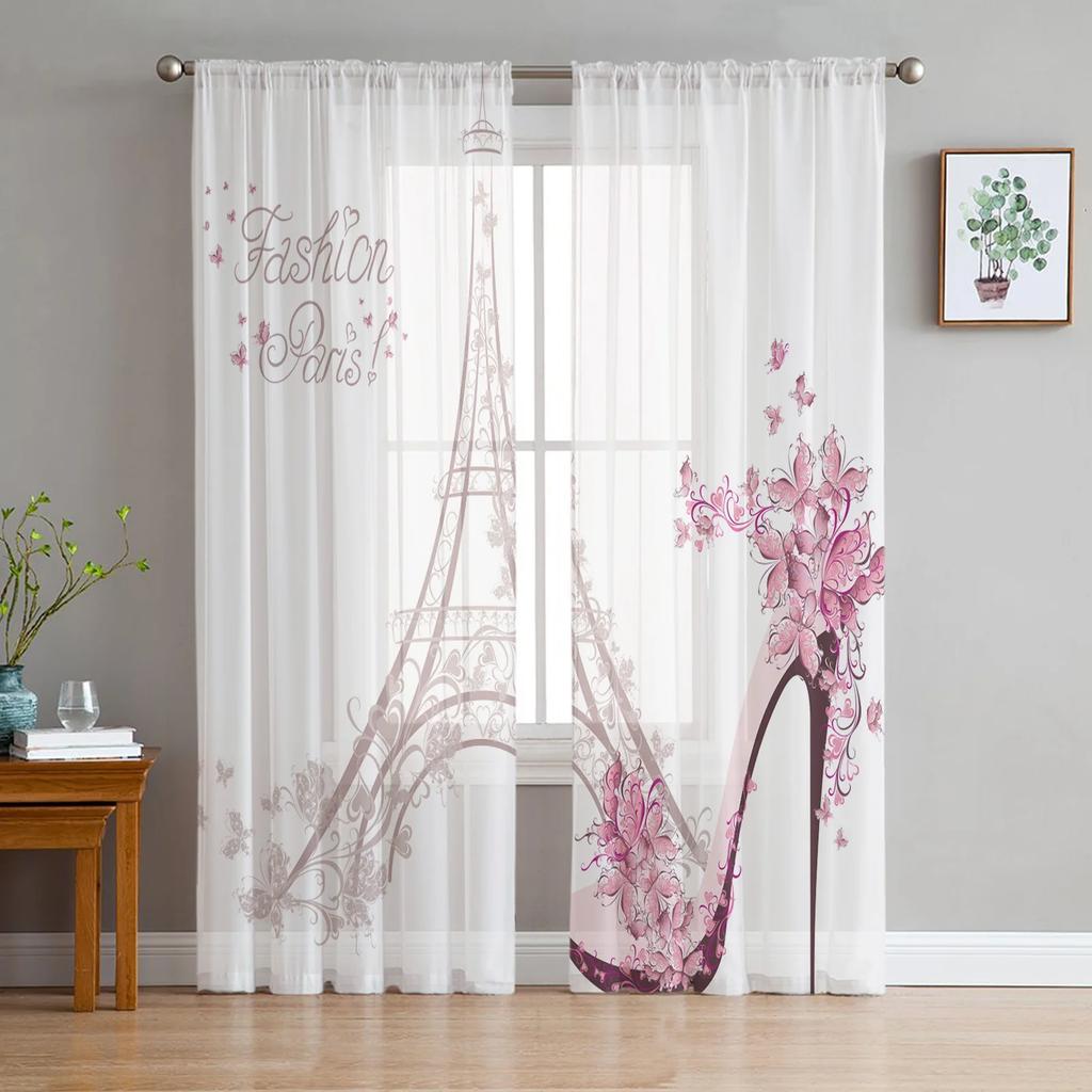 Paris Seine Woman Eiffel Tower Red Lips Tulle Sheer Curtains for Living Room Bedroom Decor Window Curtain Voile Organza Drapes