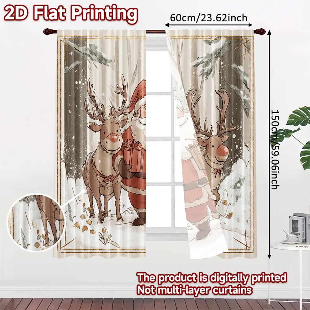 2pcs, 2D FLAT PRINTING Curtains (Without Rod) Santa and Reindeer Halloween Festival Popular Curtains&Drapes Semi-Sheer Curtains