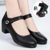 Women Fashion Round Toe Solid  PU Leather Comfort Spring Office Square Heel Pumps Classic Black Soft Bottom Single Shoes
