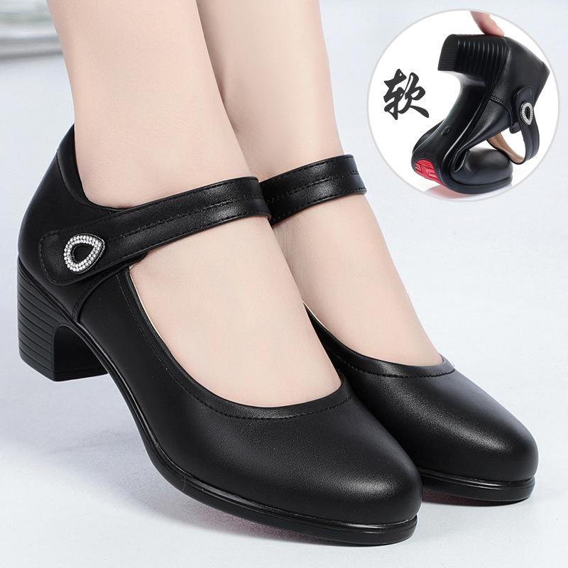 Women Fashion Round Toe Solid  PU Leather Comfort Spring Office Square Heel Pumps Classic Black Soft Bottom Single Shoes