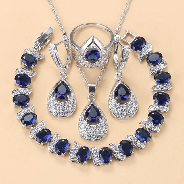 

Серьги-подвески с синим сапфиром, ожерелье и кольцо, женский комплект No.10