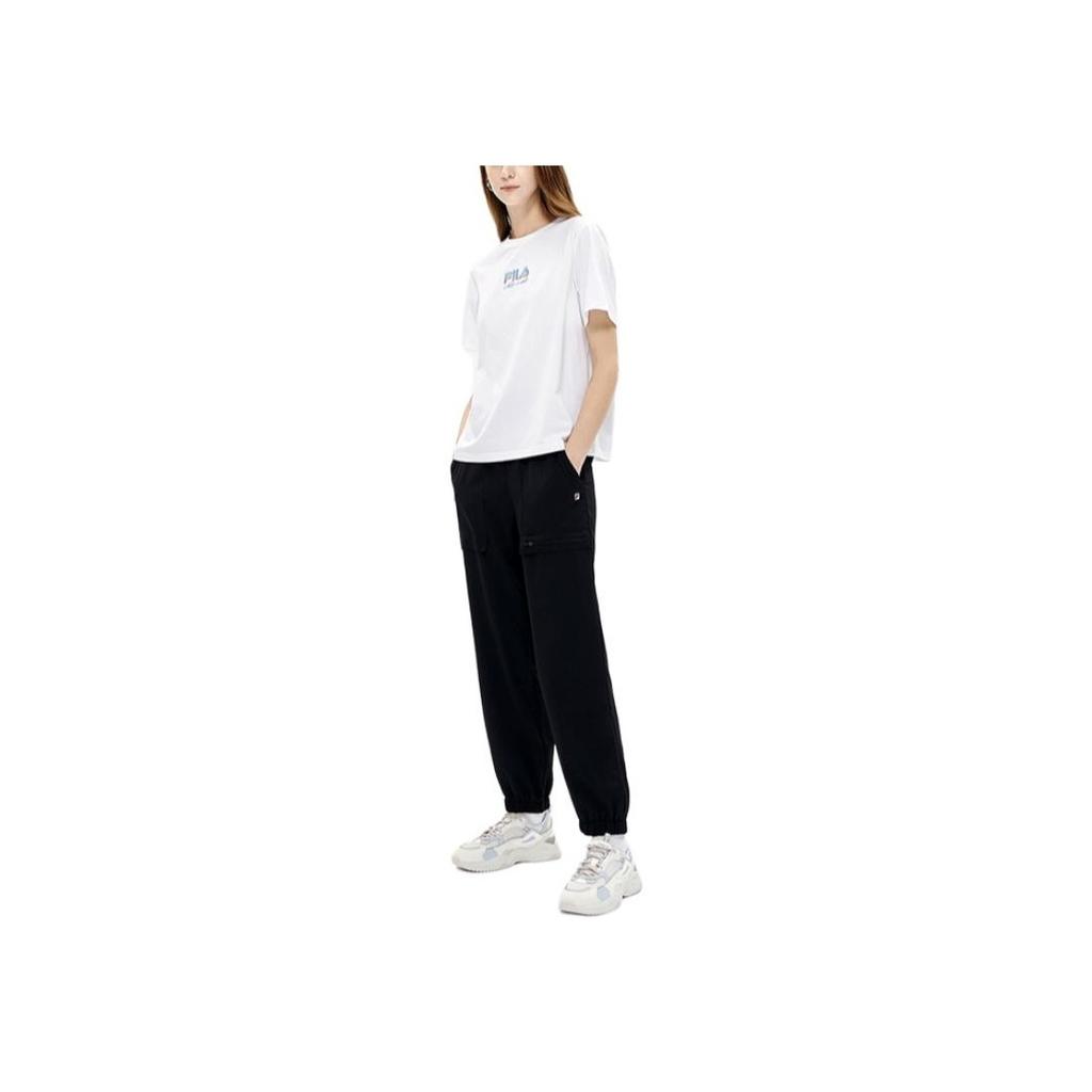 FILA Loose Fit Solid Color Pocket Cuffed Sports Woven Casual Long Pants Women bottoms Black F11W238802FBK