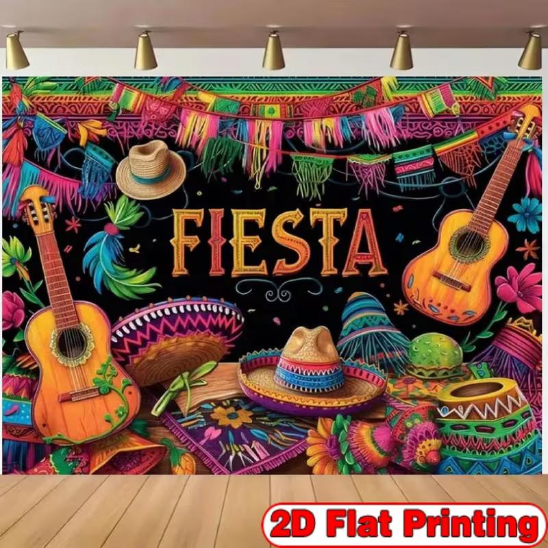 2D Cinco De Mayo Backdrop, Mexican Fiesta Colorful Guitar Sombrero Party Background