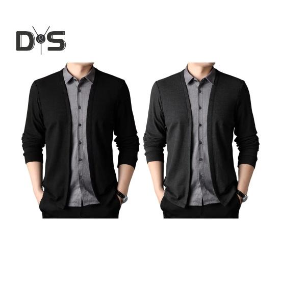 Homens Primavera Outono Top Falso Camisa de Duas Peças E Cardigan Patchwork Malha Suéter Gola Dobrada Estilo Formal Casaco de Escritório