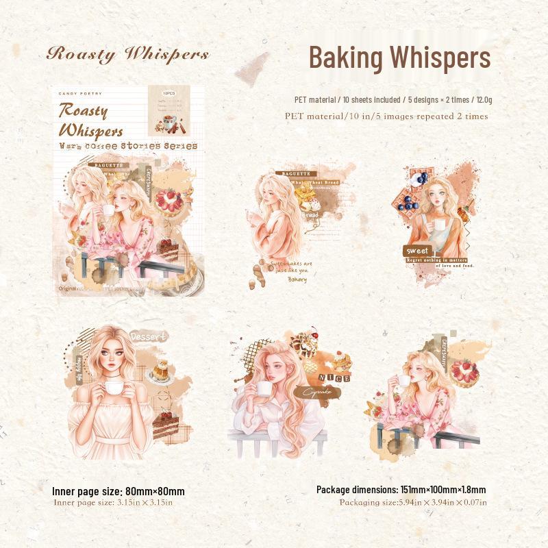 Warm Coffee Narrative: Vintage Girl White Ink Sticker Pack - 10 Sheets, 4 Styles