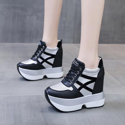 Modne jesienne damskie buty na wysokiej platformie zwiększające wysokość codzienne buty 12 cm gruba podeszwa trenerzy oddychające buty damskie trampki