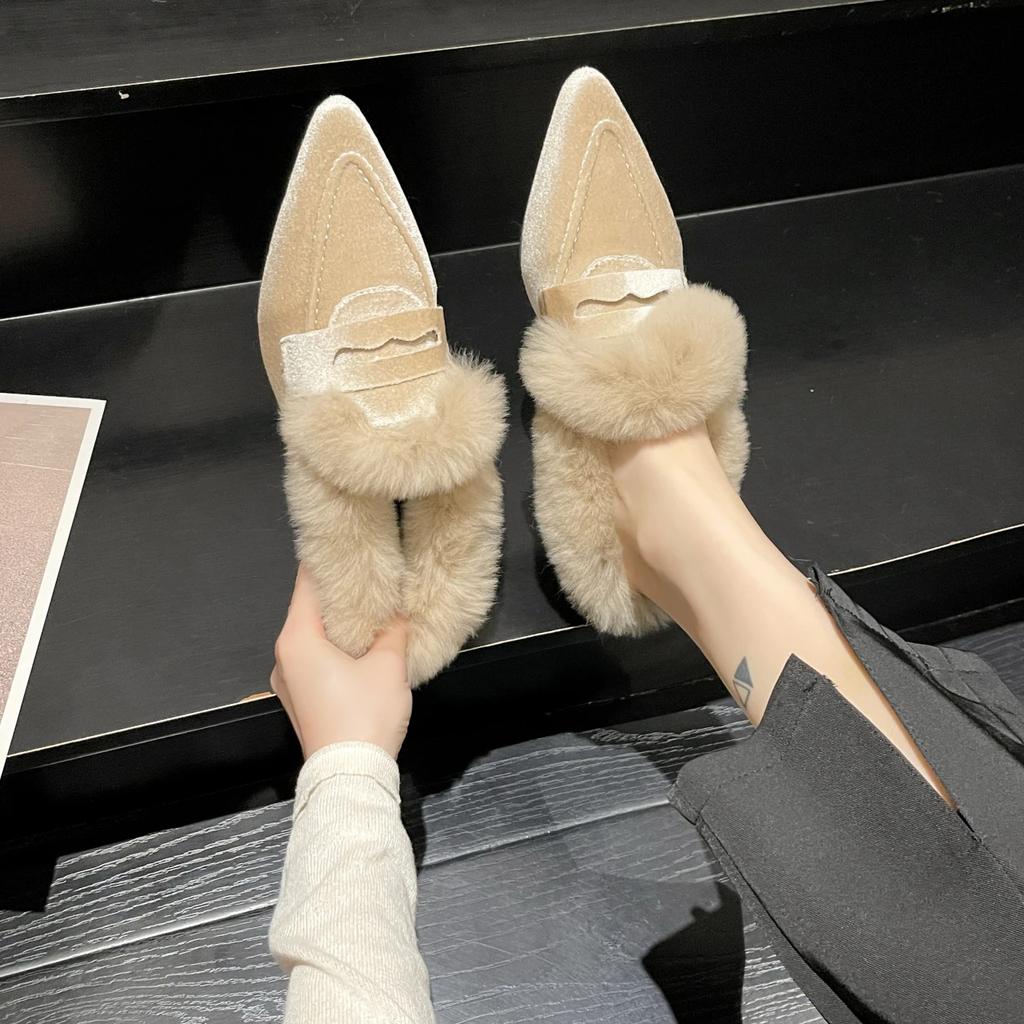 Fashion Fur Women Flats Cotton Boots Pointed Toe Suede Warm Shoes 2024 Winter Designer Snow Boots Short Plush Walking Sexy Lady Shoes