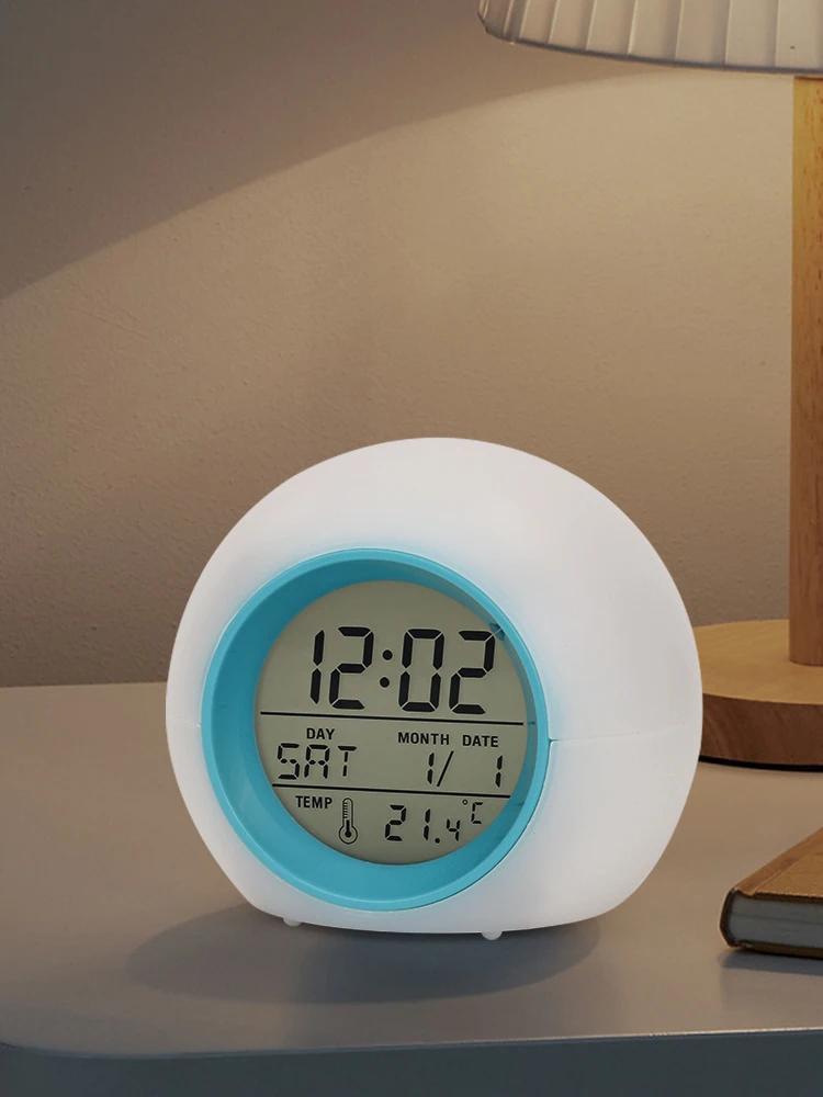 Creative 7 Colorful Round LED Light Alarm Clocks Time Date Display Temperature Detection Multi Functional Circular Alarm Clock