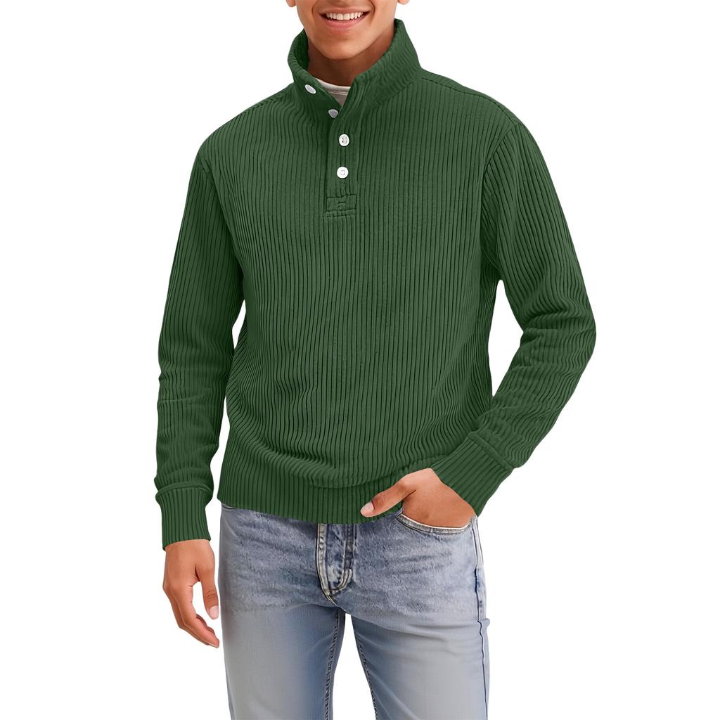 Men's Four-Button Pullover Sweatshirt, Solid Color, High Neck, Long Sleeve