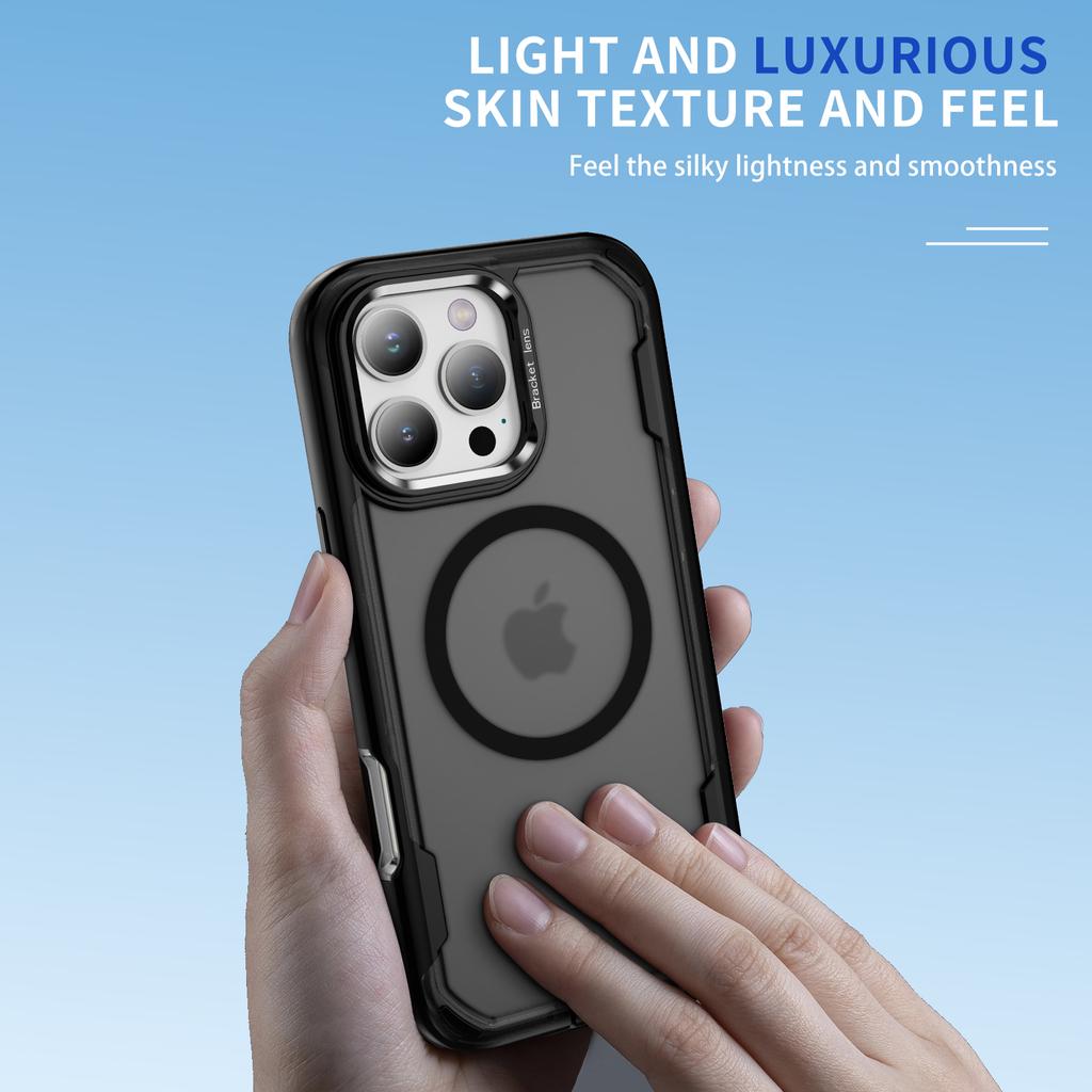 For iPhone 16 Pro Case Compatible with MagSafe Lens Frame Kickstand TPU + PC Shockproof Phone Cover