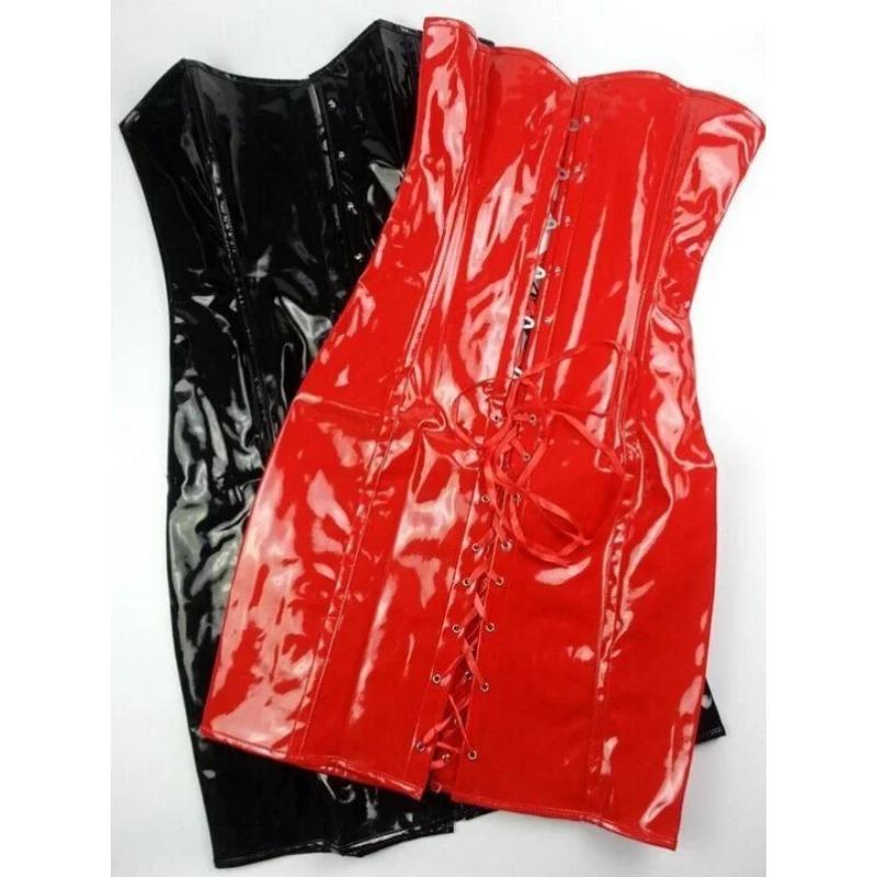 PVC Leather Corset Dress Sexy Women Gothic Punk Long Strapless Torso Bustier Body Slim Club Vinyl Latex Mini Dress