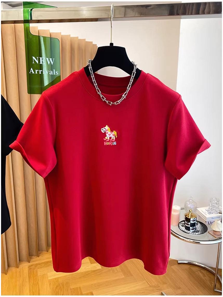 

Women s 2026 Korean Dongdaemun Little Horse Print Black Loose Short Sleeve T-shirt 3XL: 190-220 jin красный