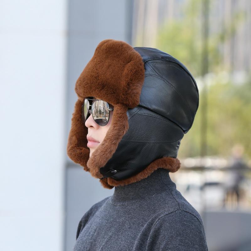 New cowhide windproof and cold ear protection cotton hat, piled and thickened winter fur warm hat