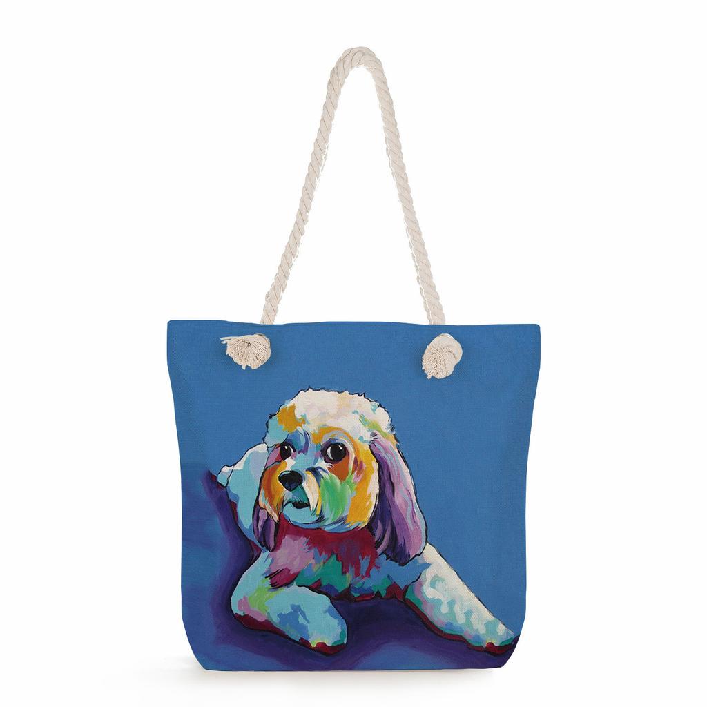 Oil Painting of a Dog Print Thick Rope Single-shoulder Beach Bag 7214