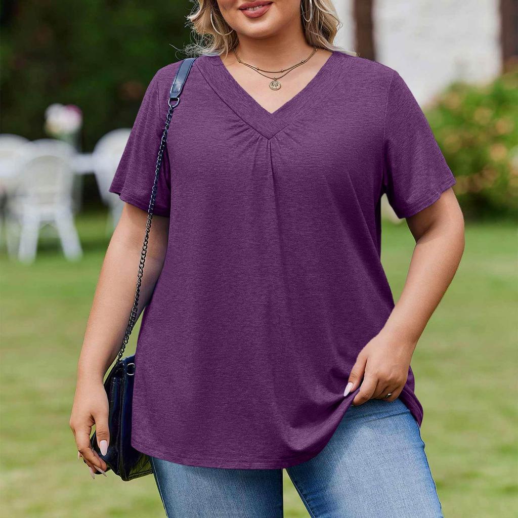 Damska Modna Codzienna Luźna Bluzka Plus Size z Krótkim Rękawem Elegancka z Dekoltem V Do Pracy