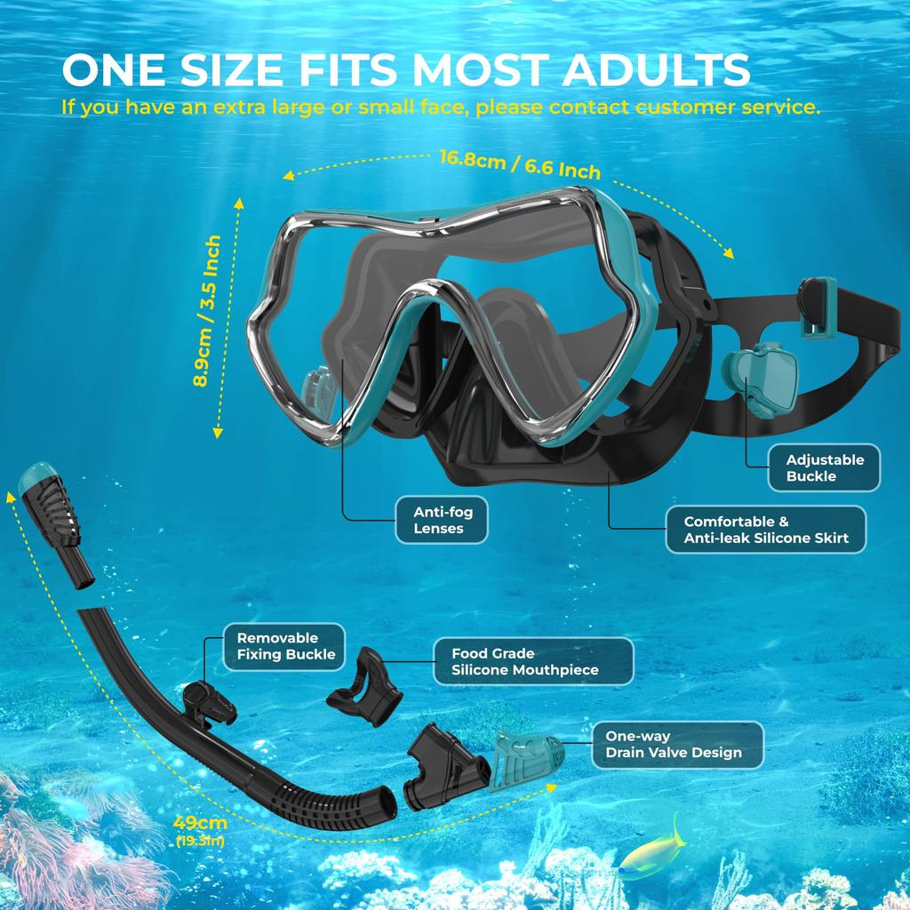 G2RISE SN02 Snorkel Set for Adults Includes Scuba Mask with Dry Diving Spare and Comfort Breathing Technology – Snorkel, Goggles, Anti-Fog,