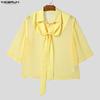 INCERUN Summer Men Lapel Short Sleeve Lace Mesh Sheer Casual Loose Shirts