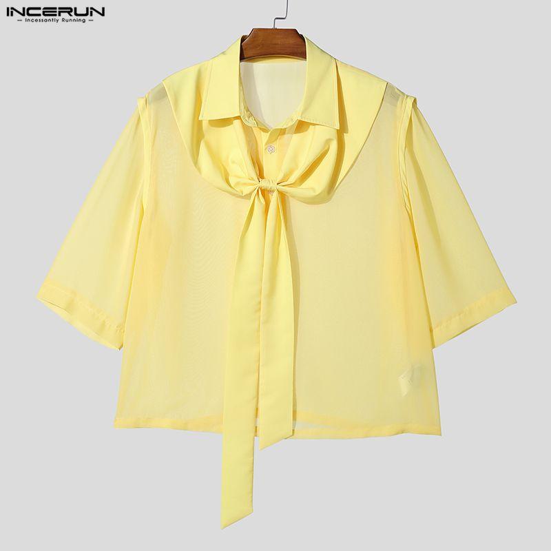 INCERUN Summer Men Lapel Short Sleeve Lace Mesh Sheer Casual Loose Shirts