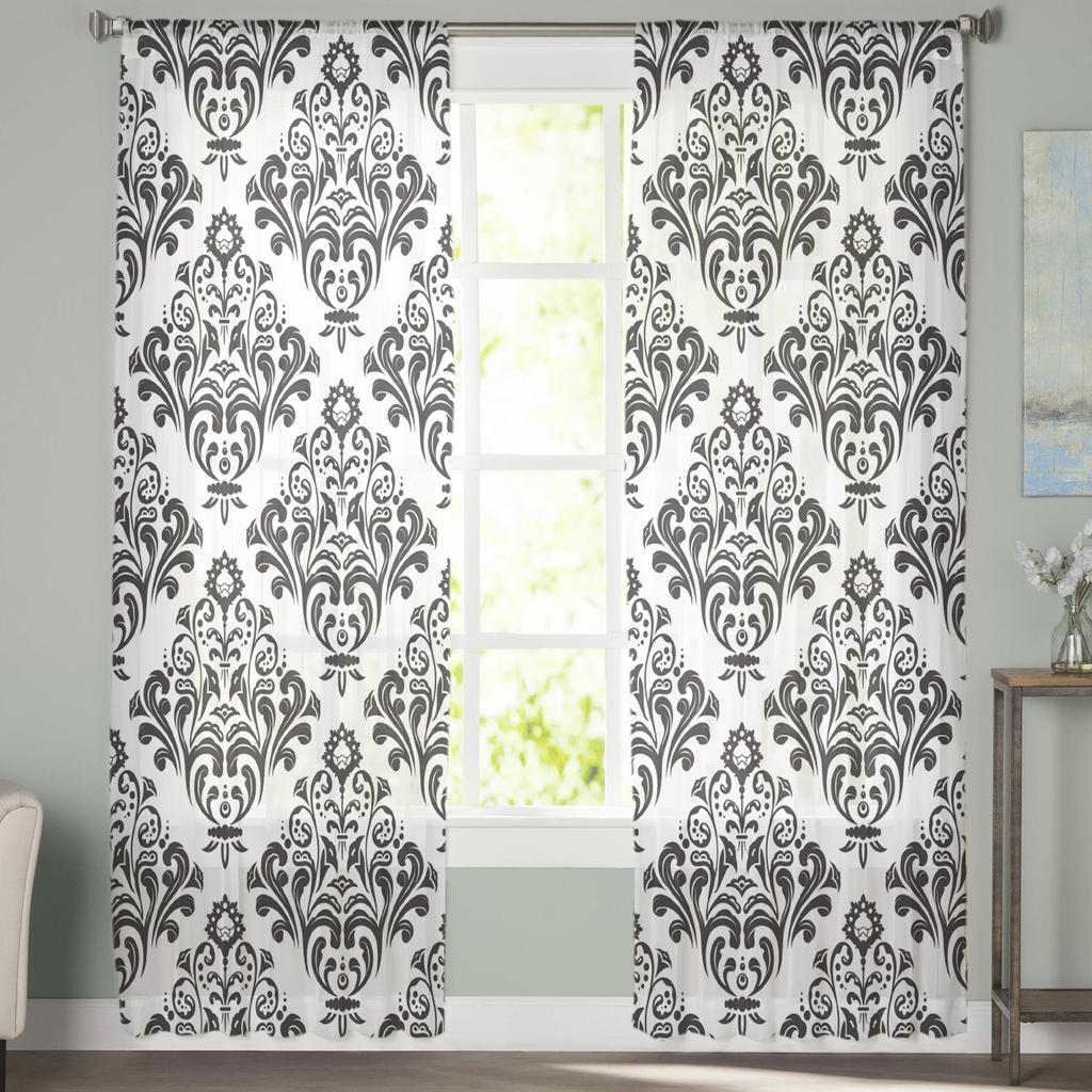 Black And White Baroque Flower Vine Abstract Tulle Sheer Window Curtains for Living Room Bedroom Voile Organza Curtains Drapes