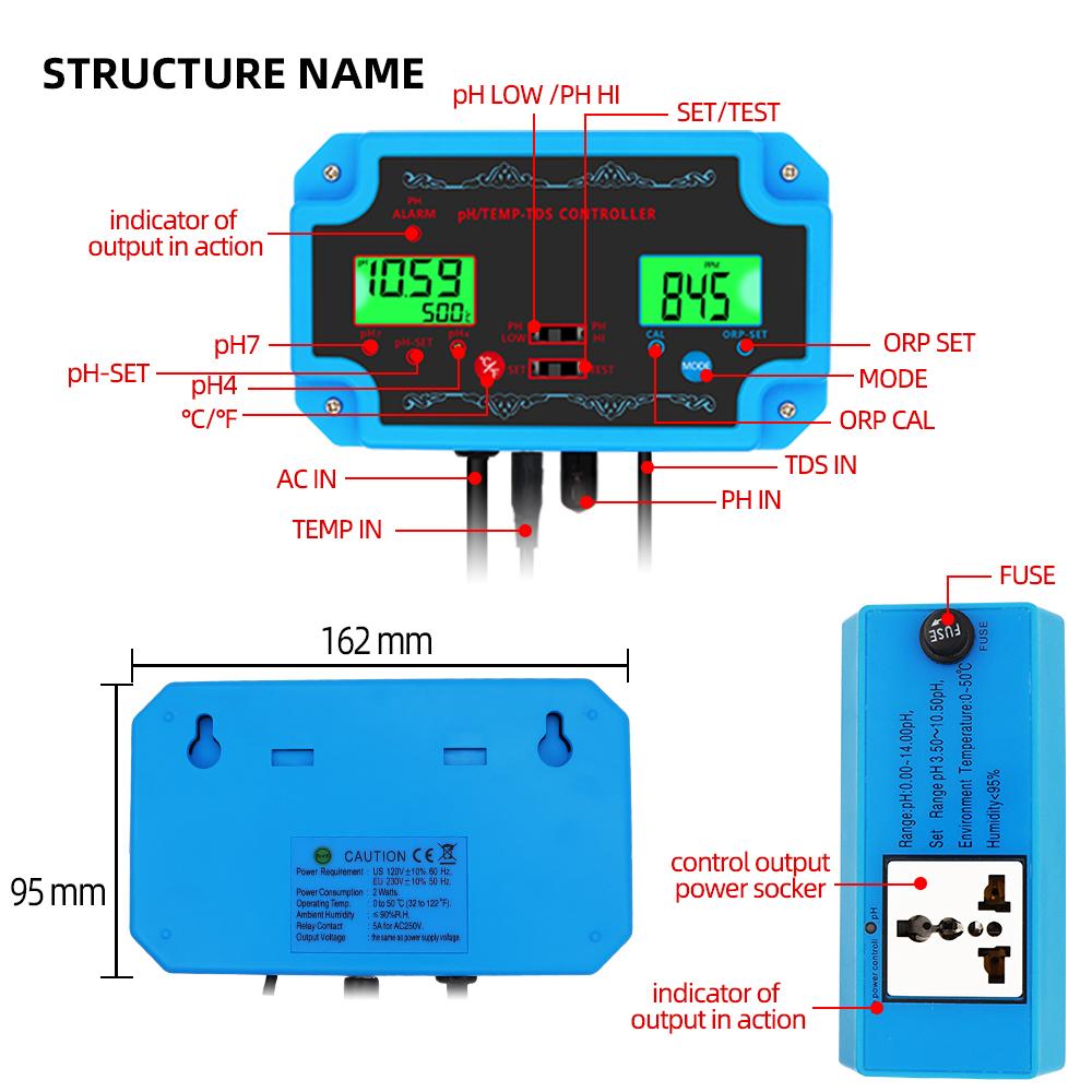 3 In 1 pH/TDS/TEMP Meter PH-2826 Detector pH Controller with Electrode BNC Type Probe Water Quality Tester for Aquarium