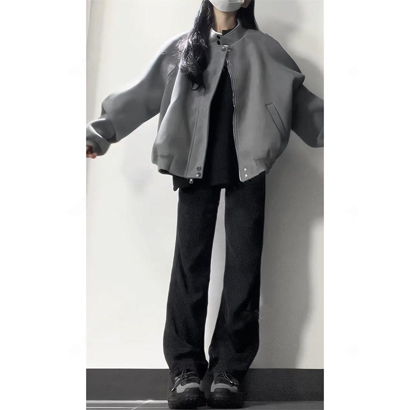 Women Retro Faux Suede Jacket Stand Collar Zip Up Loose Solid Gray Casual Vintage Outerwear For Spring Autumn