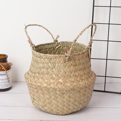 Seagrass Belly Basket Wicker Storage Basket Folding Plant Pot Straw Garden Decor