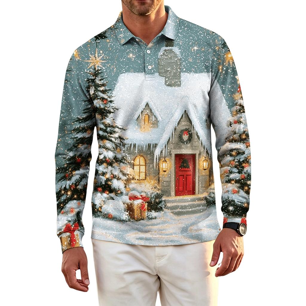 Men's Golf Shirt Long Sleeve Casual Christmas Print Quick-Dry Mesh Top