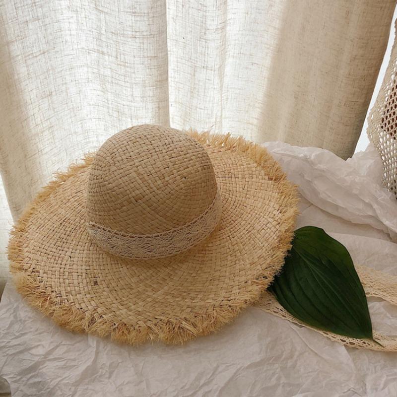 New Spring and Summer Small Fresh Foldable Raffia Woven Straw Hat Beach Big Brim Sunscreen Visor Rough Edge