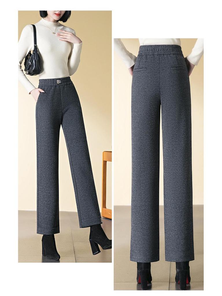 2024 Autumn/Winter High-Waisted Wool Slimming Straight-Leg Cropped Warm Pants for Middle-Aged Women