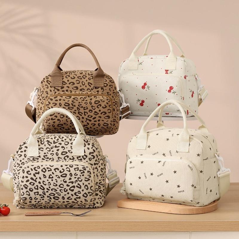 Floral Corduroy Lunch Bag Printed Food Handbags Portable Thermal Lunch Box Bag Waterproof Office Cooler Ice Insulated Case