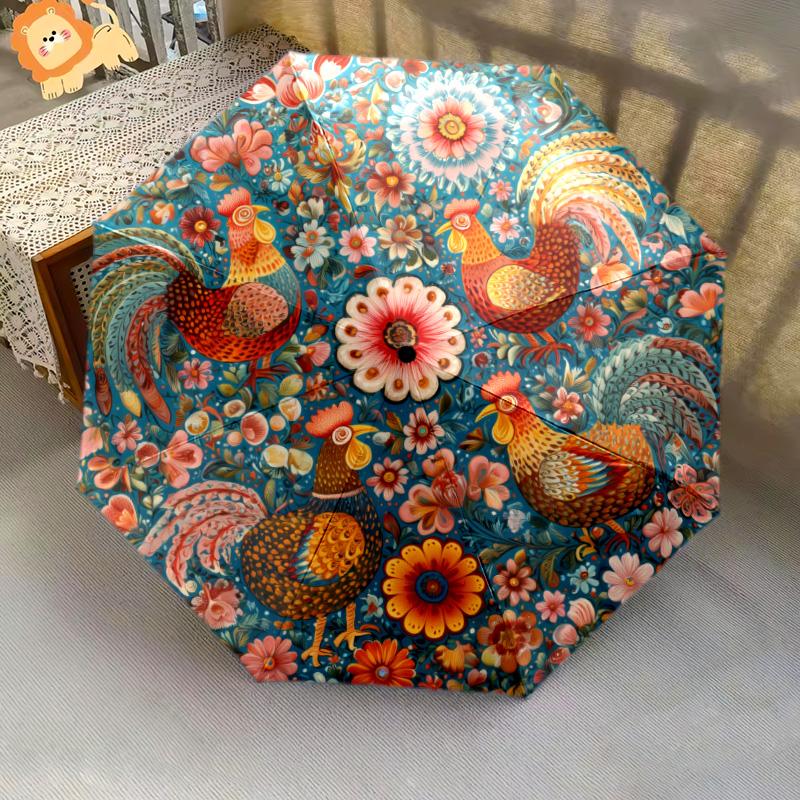 0106 Floral Chicken & Dinosaur  pattern, automatic folding umbrella, portable and foldable design, 8 ribs, a Christmas or birthday gift.