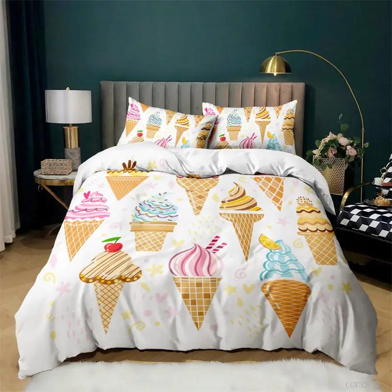 

Dessert Theme Bedding Set Microfiber Ice Cream Donuts Pizza Fruits Pattern Duvet Cover Single King For Kids Adults Bedroom Decor EU Single(135x200cm)