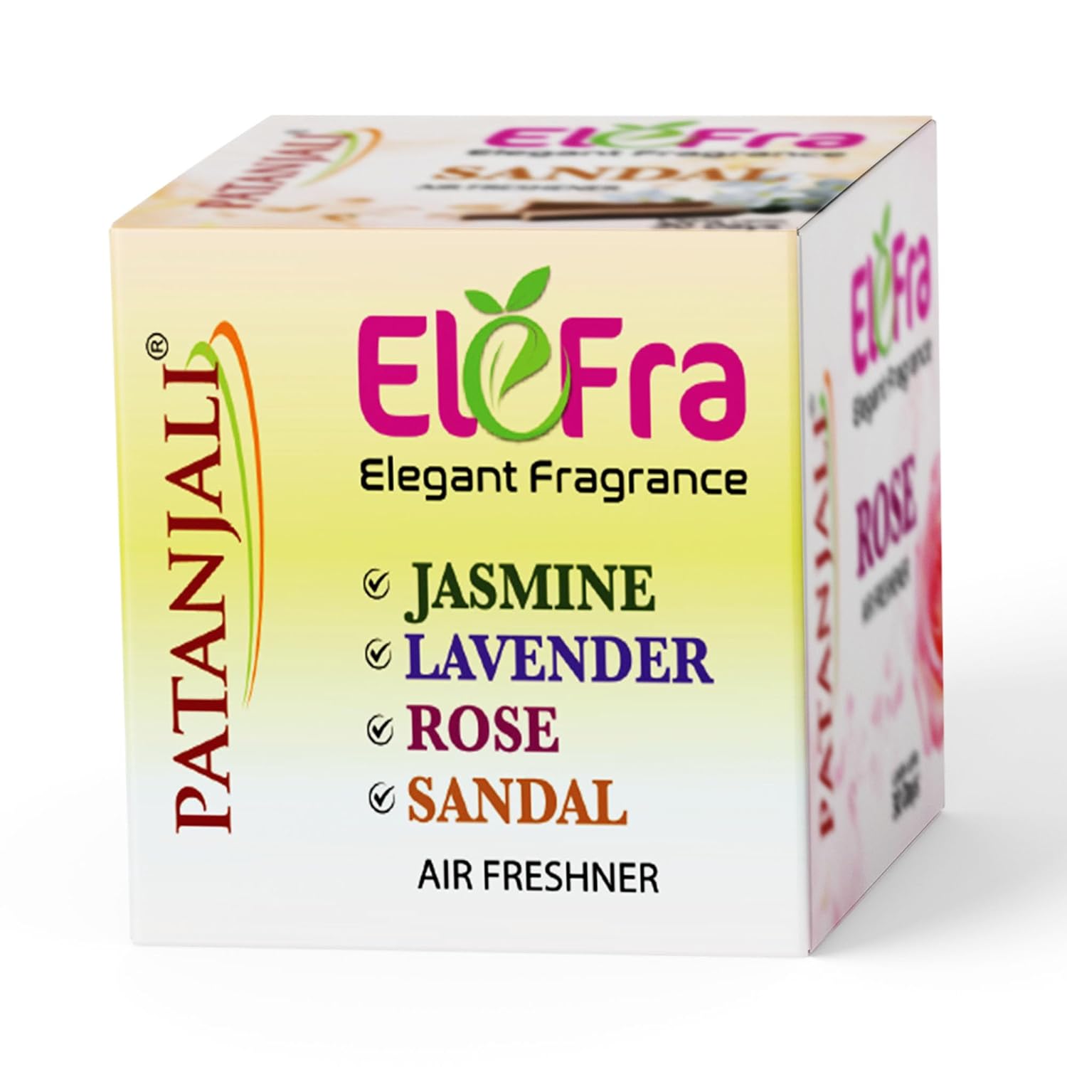

Patanjali Elefra Elegant Air Freshener 20g x4 Pack OF 1 Long-Lasting Jasmine Lavender Orchid Rose Fragrance