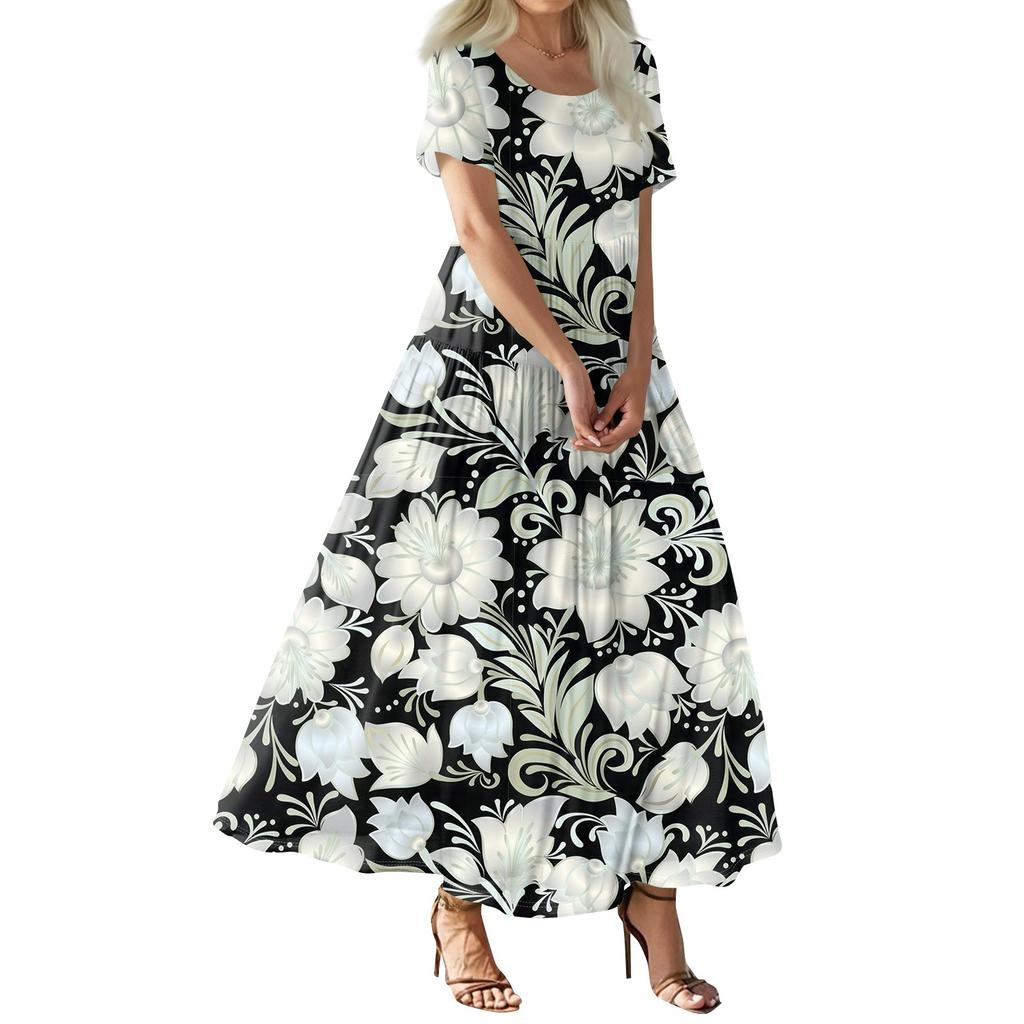Women's Summer Casual Floral Print Short Sleeve O Neck High Waist A Line Tiered Flowy Boho Maxi Dress