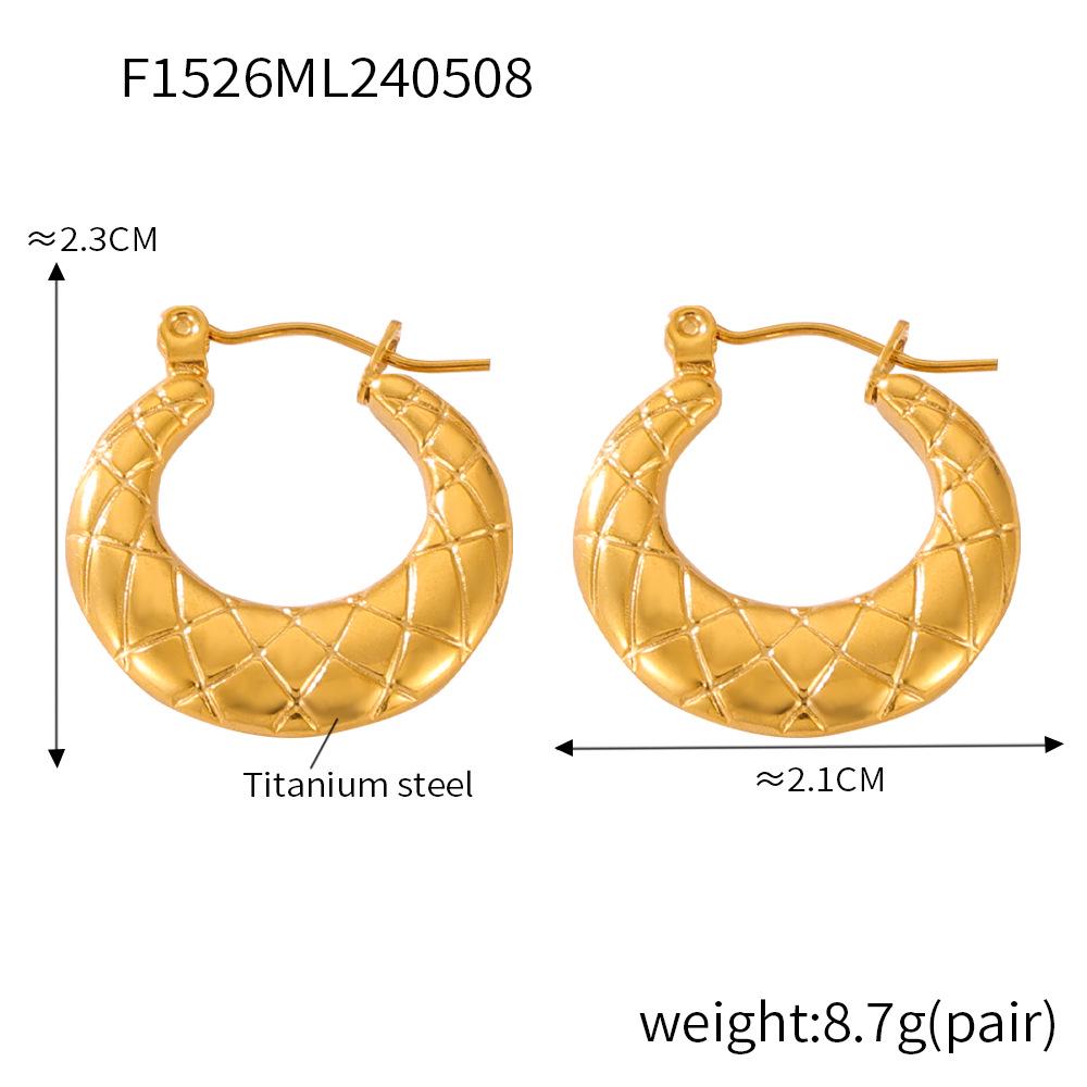 French-Inspired Diamond Pattern C-Shaped 18K Gold-Plated Titanium Earrings